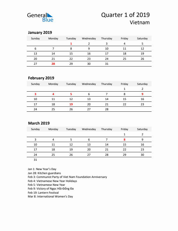 2019 Q1 Three-Month Calendar for Vietnam