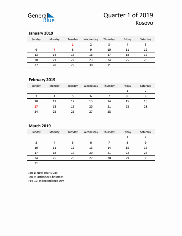 2019 Q1 Three-Month Calendar for Kosovo