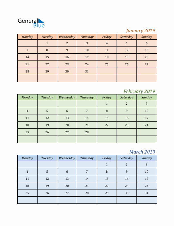 Three-Month Calendar for Year 2019 (January, February, and March)