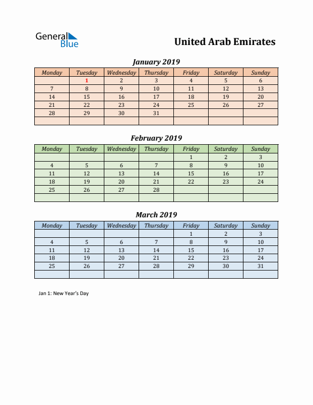 Q1 2019 Holiday Calendar - United Arab Emirates