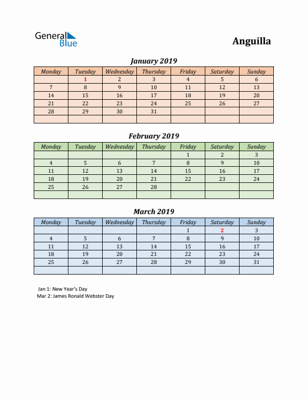 Q1 2019 Holiday Calendar - Anguilla