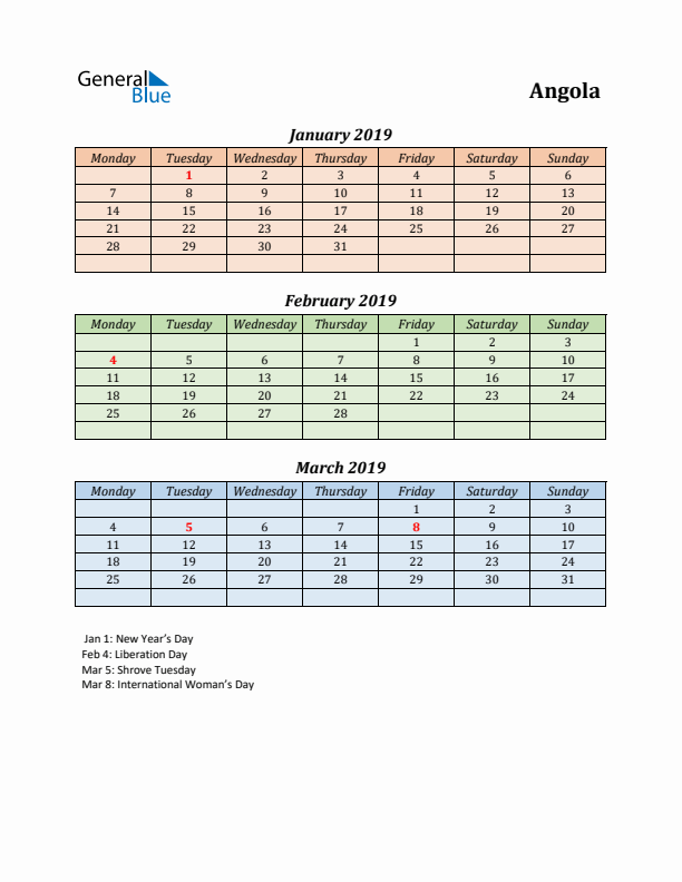 Q1 2019 Holiday Calendar - Angola