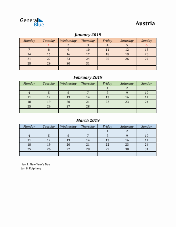 Q1 2019 Holiday Calendar - Austria