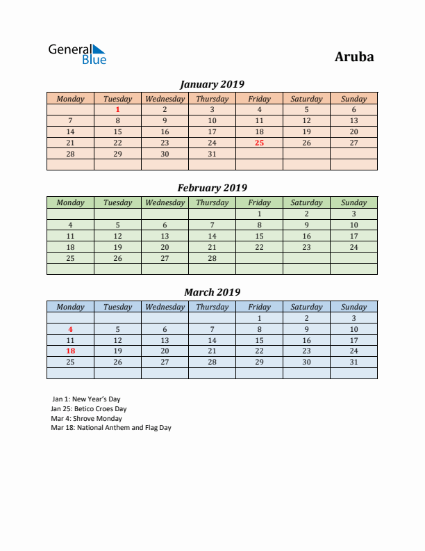 Q1 2019 Holiday Calendar - Aruba