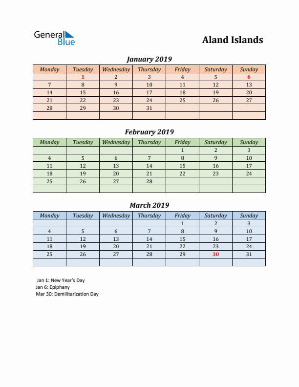 Q1 2019 Holiday Calendar - Aland Islands