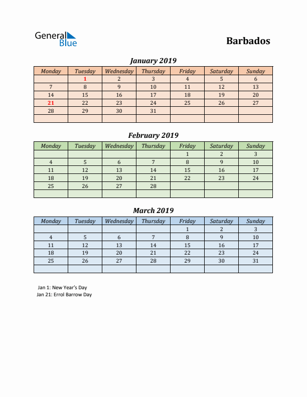 Q1 2019 Holiday Calendar - Barbados