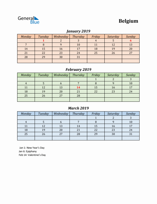 Q1 2019 Holiday Calendar - Belgium