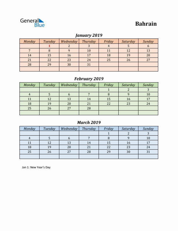 Q1 2019 Holiday Calendar - Bahrain