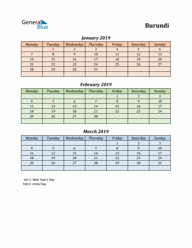 Q1 2019 Holiday Calendar - Burundi