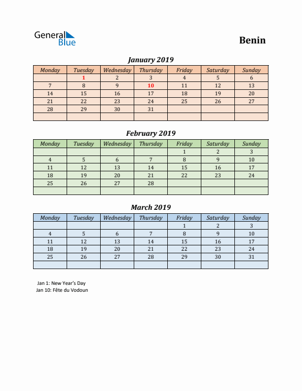 Q1 2019 Holiday Calendar - Benin