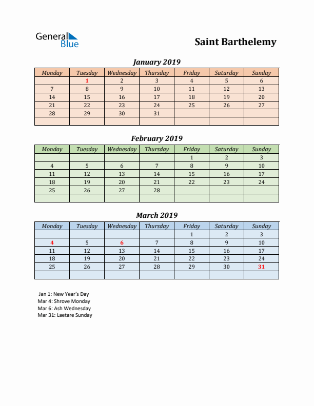 Q1 2019 Holiday Calendar - Saint Barthelemy