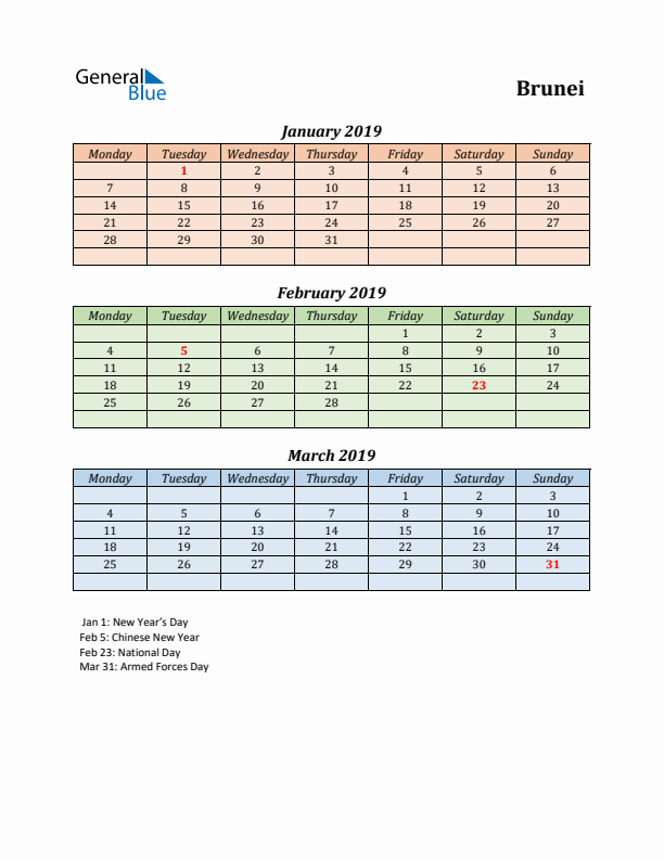 Q1 2019 Holiday Calendar - Brunei