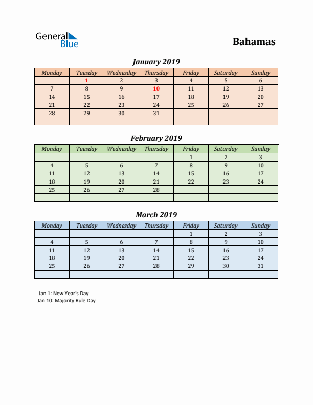 Q1 2019 Holiday Calendar - Bahamas