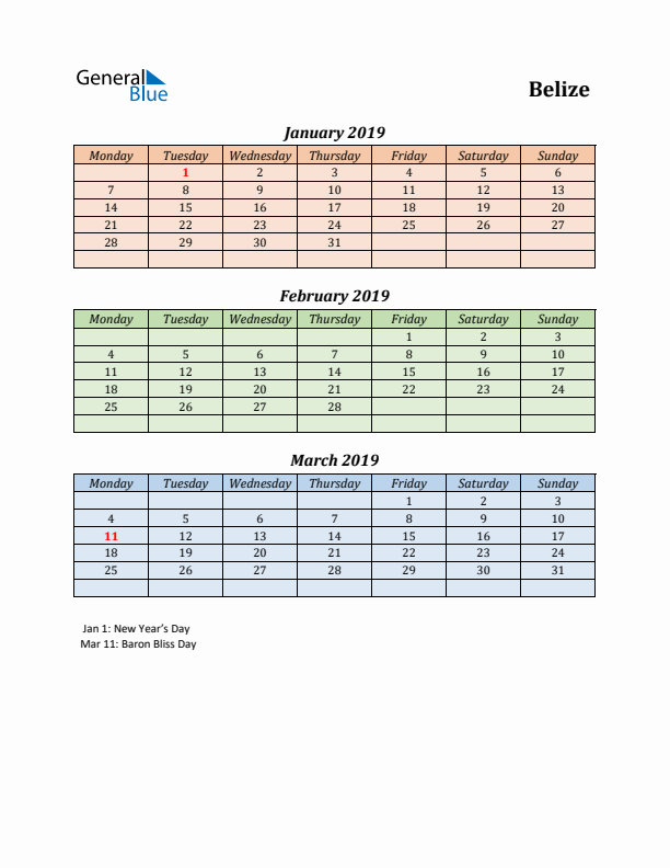 Q1 2019 Holiday Calendar - Belize