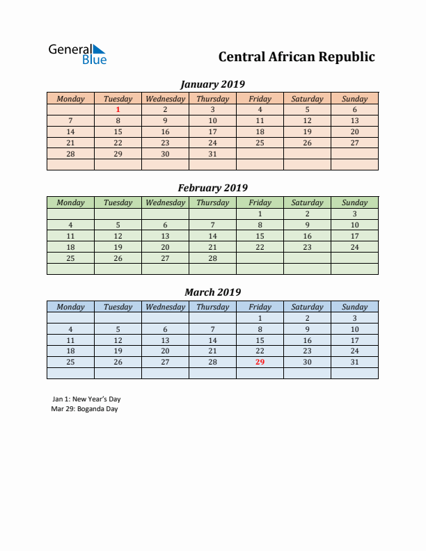 Q1 2019 Holiday Calendar - Central African Republic