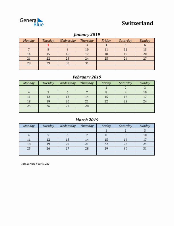 Q1 2019 Holiday Calendar - Switzerland