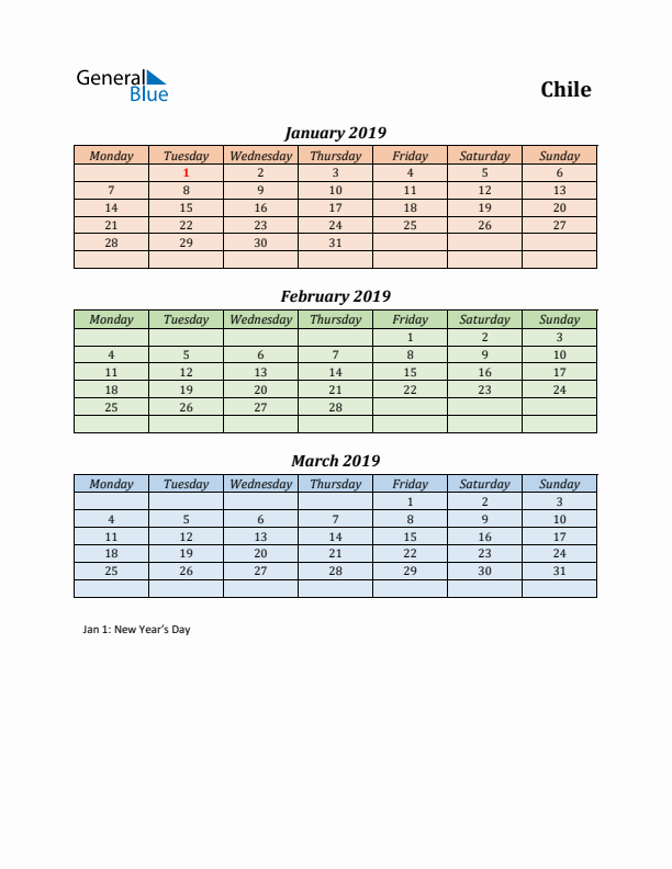 Q1 2019 Holiday Calendar - Chile