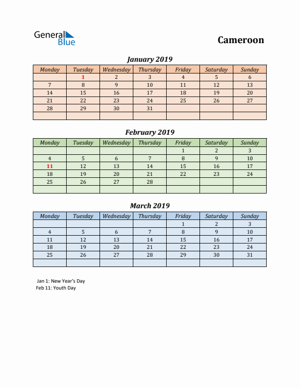 Q1 2019 Holiday Calendar - Cameroon