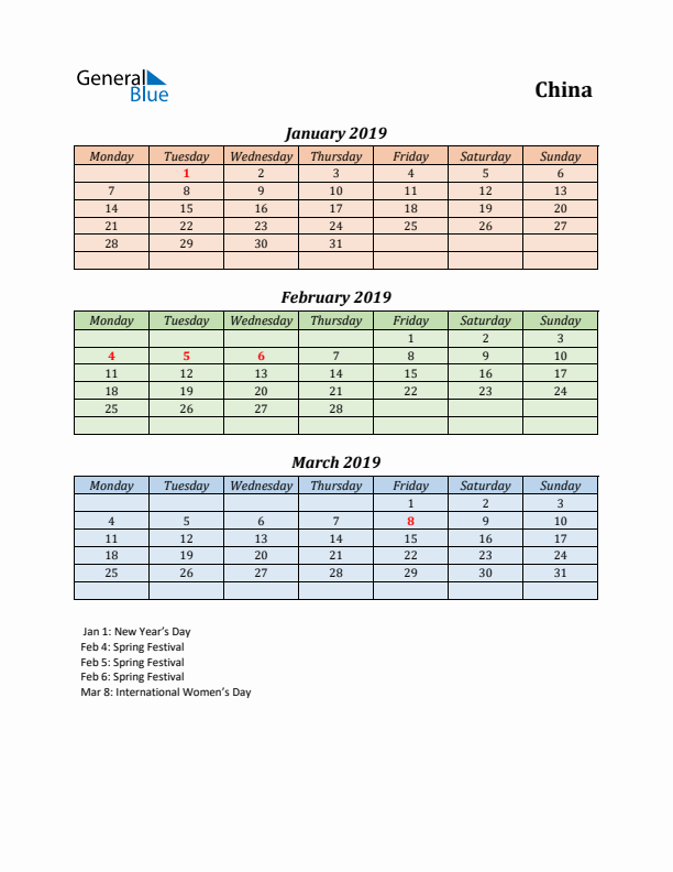 Q1 2019 Holiday Calendar - China