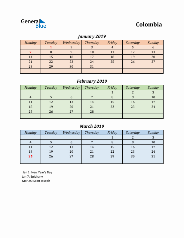 Q1 2019 Holiday Calendar - Colombia