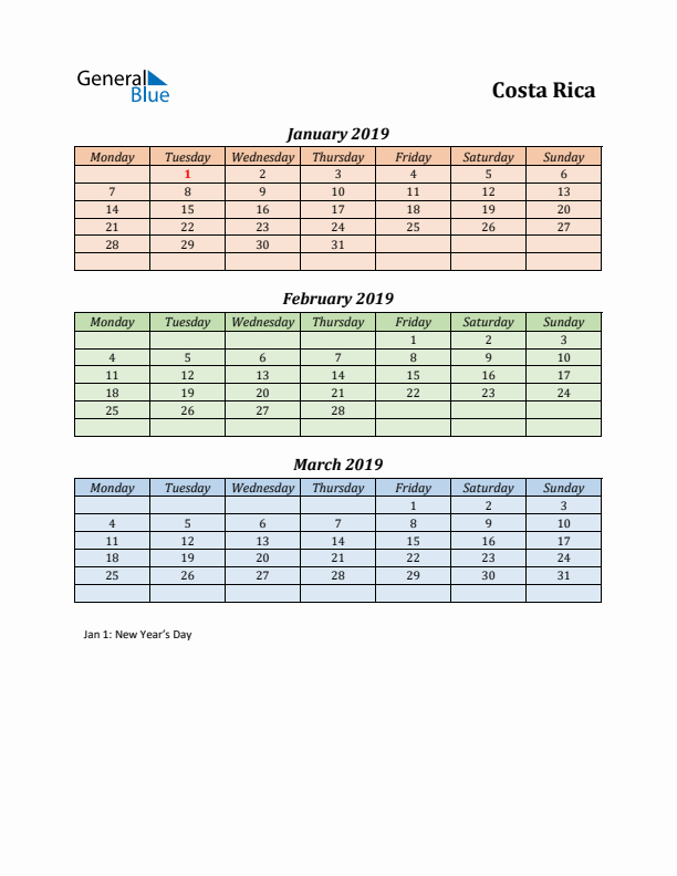 Q1 2019 Holiday Calendar - Costa Rica