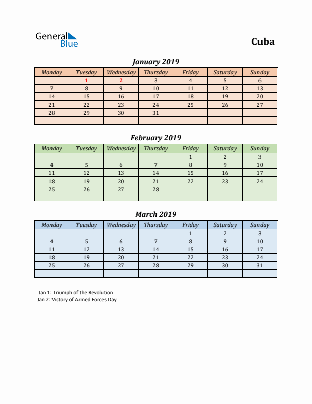 Q1 2019 Holiday Calendar - Cuba