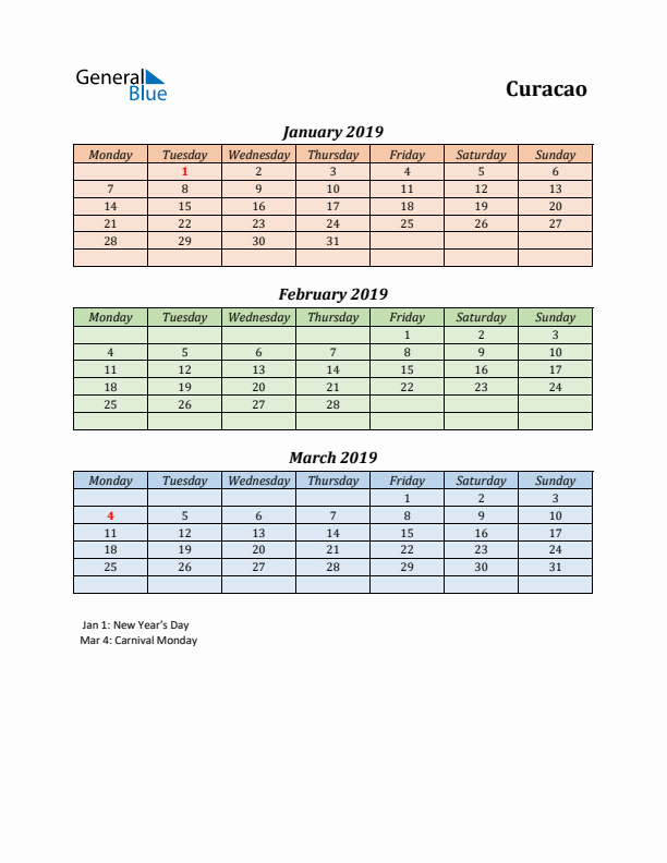 Q1 2019 Holiday Calendar - Curacao