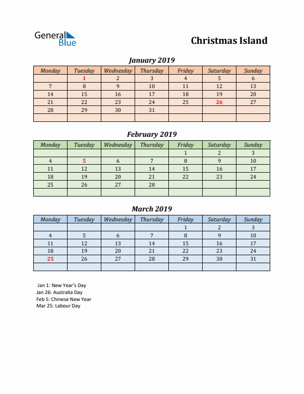 Q1 2019 Holiday Calendar - Christmas Island