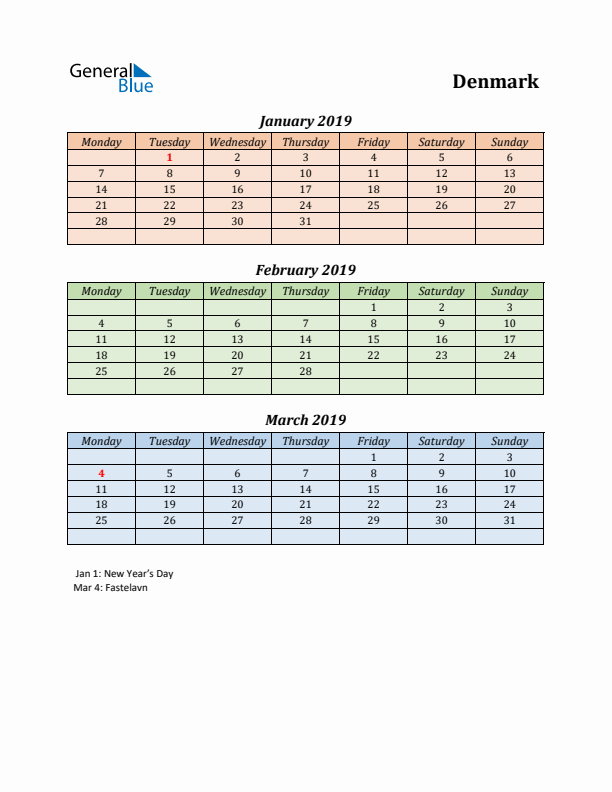 Q1 2019 Holiday Calendar - Denmark