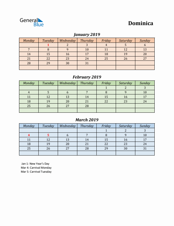 Q1 2019 Holiday Calendar - Dominica