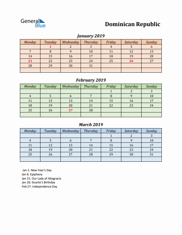 Q1 2019 Holiday Calendar - Dominican Republic