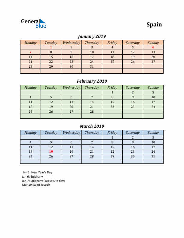 Q1 2019 Holiday Calendar - Spain