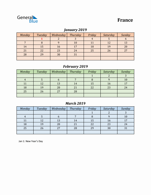 Q1 2019 Holiday Calendar - France