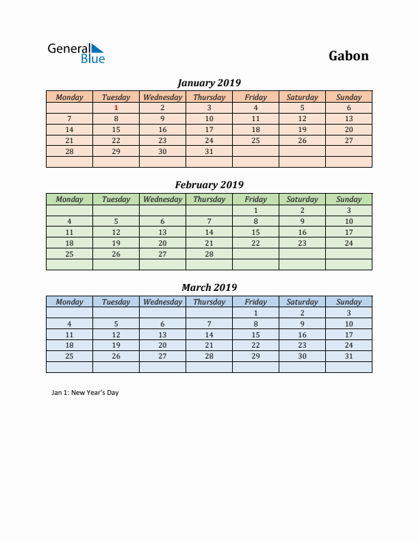 Q1 2019 Holiday Calendar - Gabon