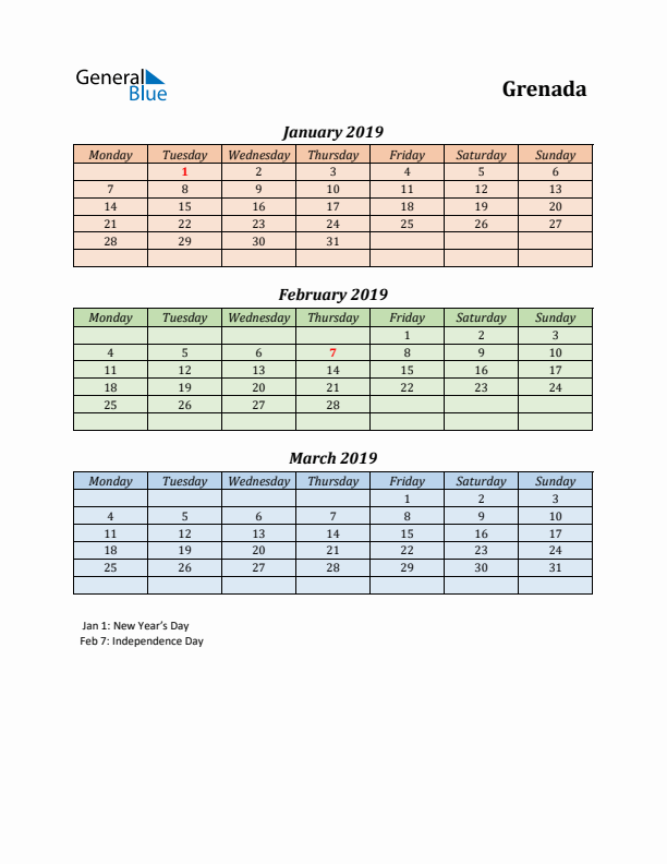 Q1 2019 Holiday Calendar - Grenada