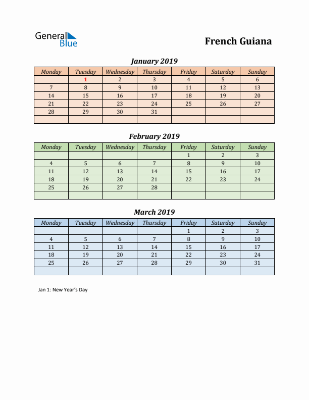 Q1 2019 Holiday Calendar - French Guiana