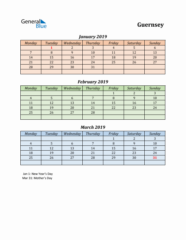 Q1 2019 Holiday Calendar - Guernsey