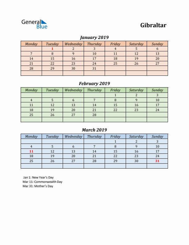 Q1 2019 Holiday Calendar - Gibraltar