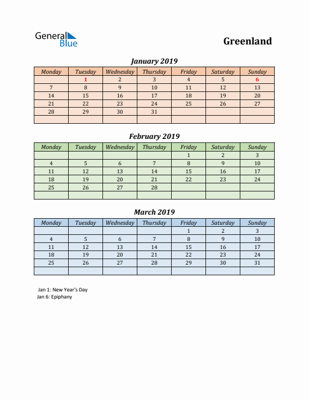 Q1 2019 Holiday Calendar - Greenland