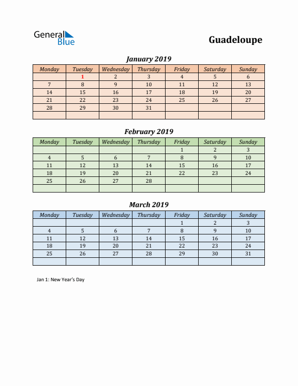 Q1 2019 Holiday Calendar - Guadeloupe