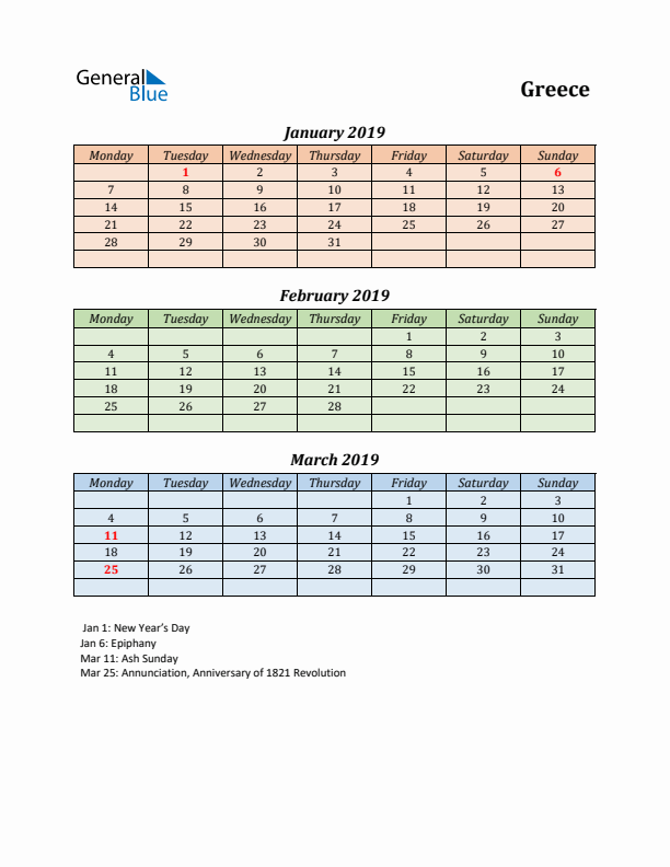 Q1 2019 Holiday Calendar - Greece