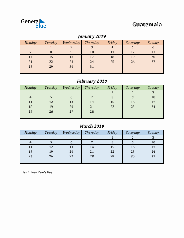 Q1 2019 Holiday Calendar - Guatemala