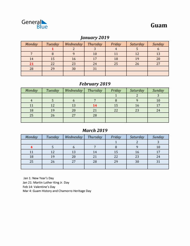 Q1 2019 Holiday Calendar - Guam