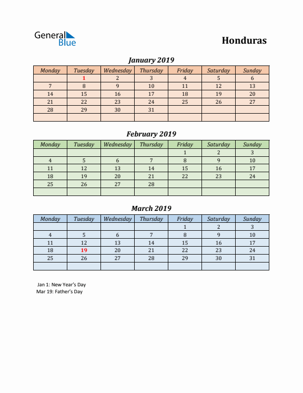 Q1 2019 Holiday Calendar - Honduras