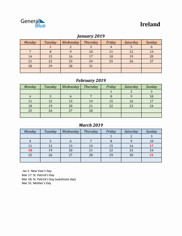 Q1 2019 Holiday Calendar - Ireland