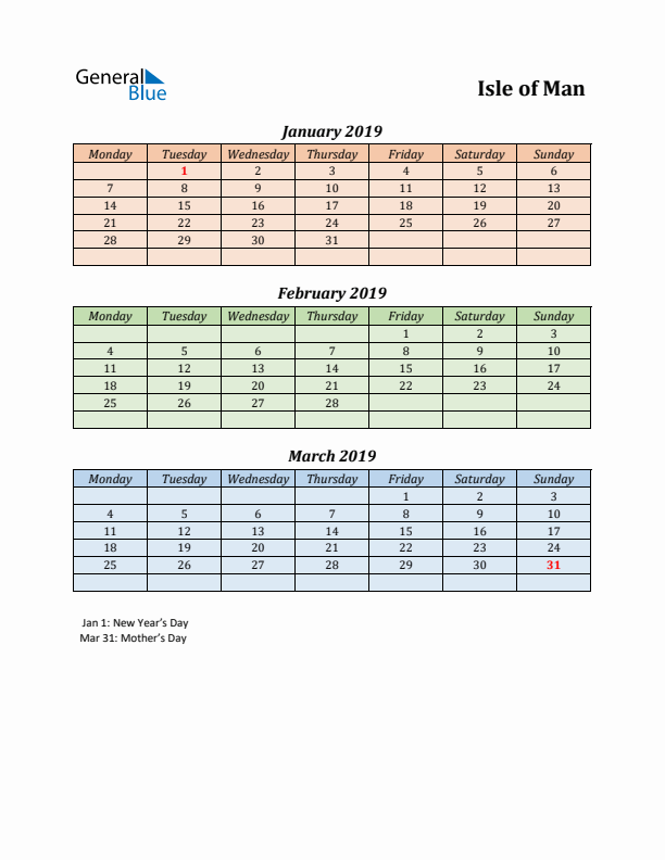 Q1 2019 Holiday Calendar - Isle of Man