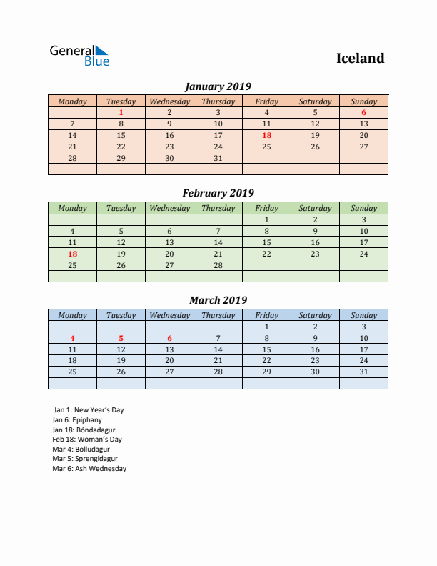 Q1 2019 Holiday Calendar - Iceland