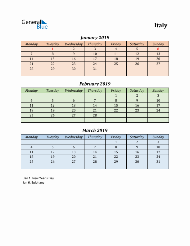 Q1 2019 Holiday Calendar - Italy