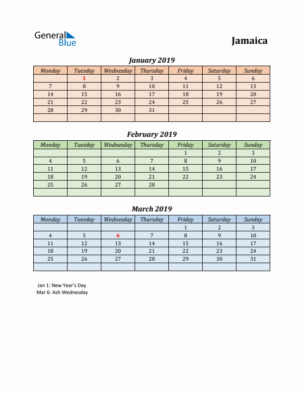 Q1 2019 Holiday Calendar - Jamaica