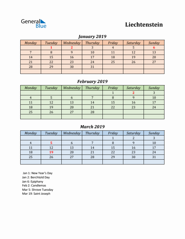 Q1 2019 Holiday Calendar - Liechtenstein